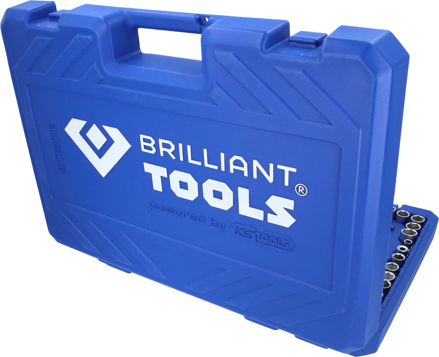 Blauer Werkzeugkoffer mit der Aufschrift 'BRILLIANT TOOLS', teilweise geöffnet, zeigt eine Sammlung von Stecknüssen.