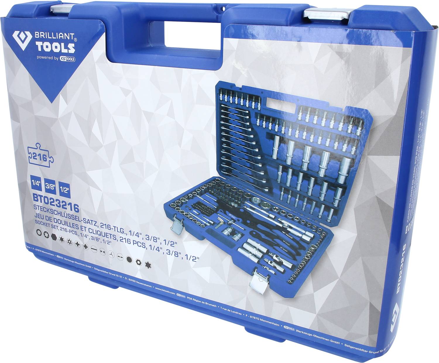 Werkzeugkoffer mit einem Steckschlüsselsatz, 216-teilig. Enthält verschiedene Schraubenschlüsselgrößen von 1/4