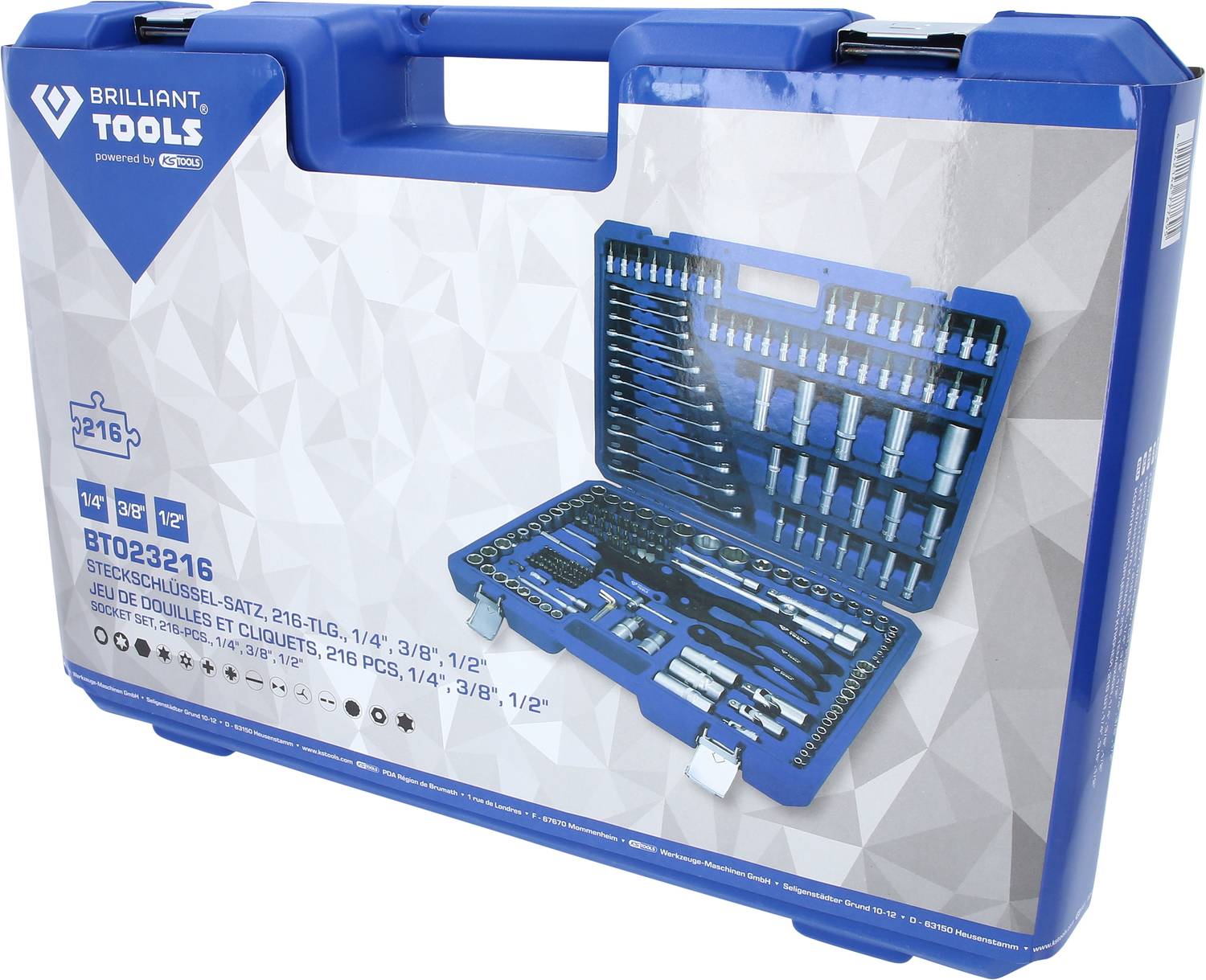 Blauer Werkzeugkoffer mit 216-teiligen Steckschlüsselsatz, einschließlich Ratschengriffe und Bits. Enthält Größenangaben '1/4'', '3/8'', '1/2'''.