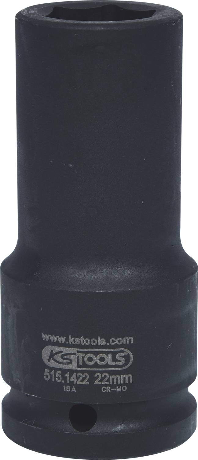 Schwarze Stecknuss mit Aufschrift KS Tools, 22 mm. Zylinderform, robuste Bauweise für mechanische Anwendungen.