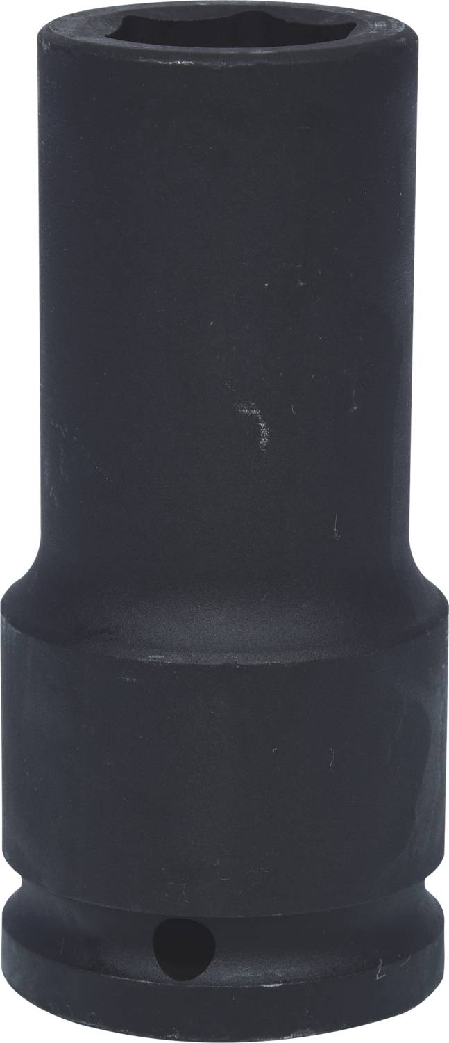 Eine schwarze Stecknuss aus Metall, zylindrische Form, für den Einsatz mit einem Steckschlüssel oder Ratsche.