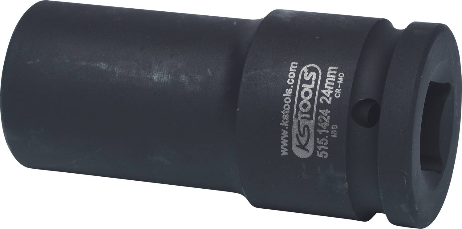 Ein schwarzer KS Tools Steckschlüssel, 24 mm, mit der Artikelnummer 515.1424. Geeignet für mechanische Arbeiten.