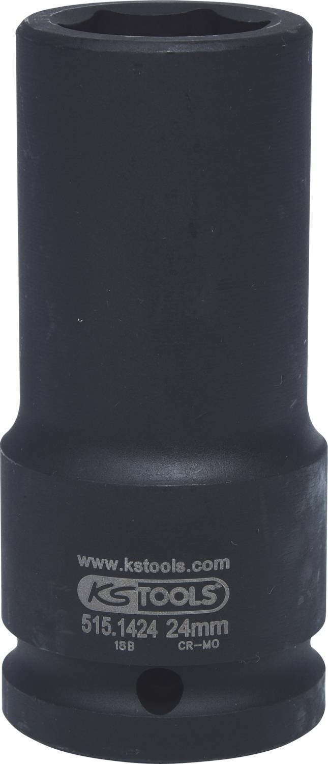 Eine schwarze Sechskant-Stecknuss von KS Tools mit der Aufschrift 'www.kstools.com 515.1424 24mm'.