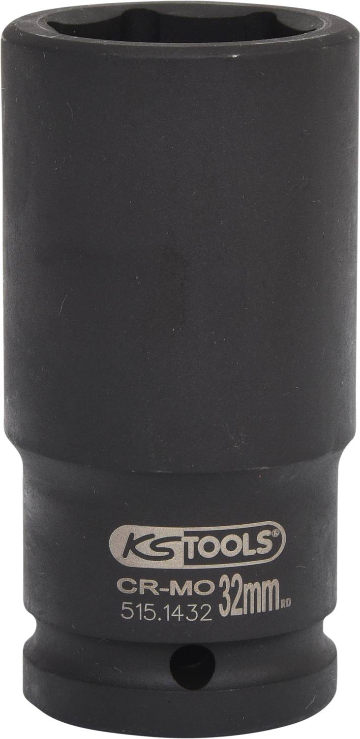 Eine schwarze Stecknuss von KS Tools aus CR-MO-Stahl mit einer Größe von 32 mm. Geeignet für den Einsatz mit Schlagschraubern.