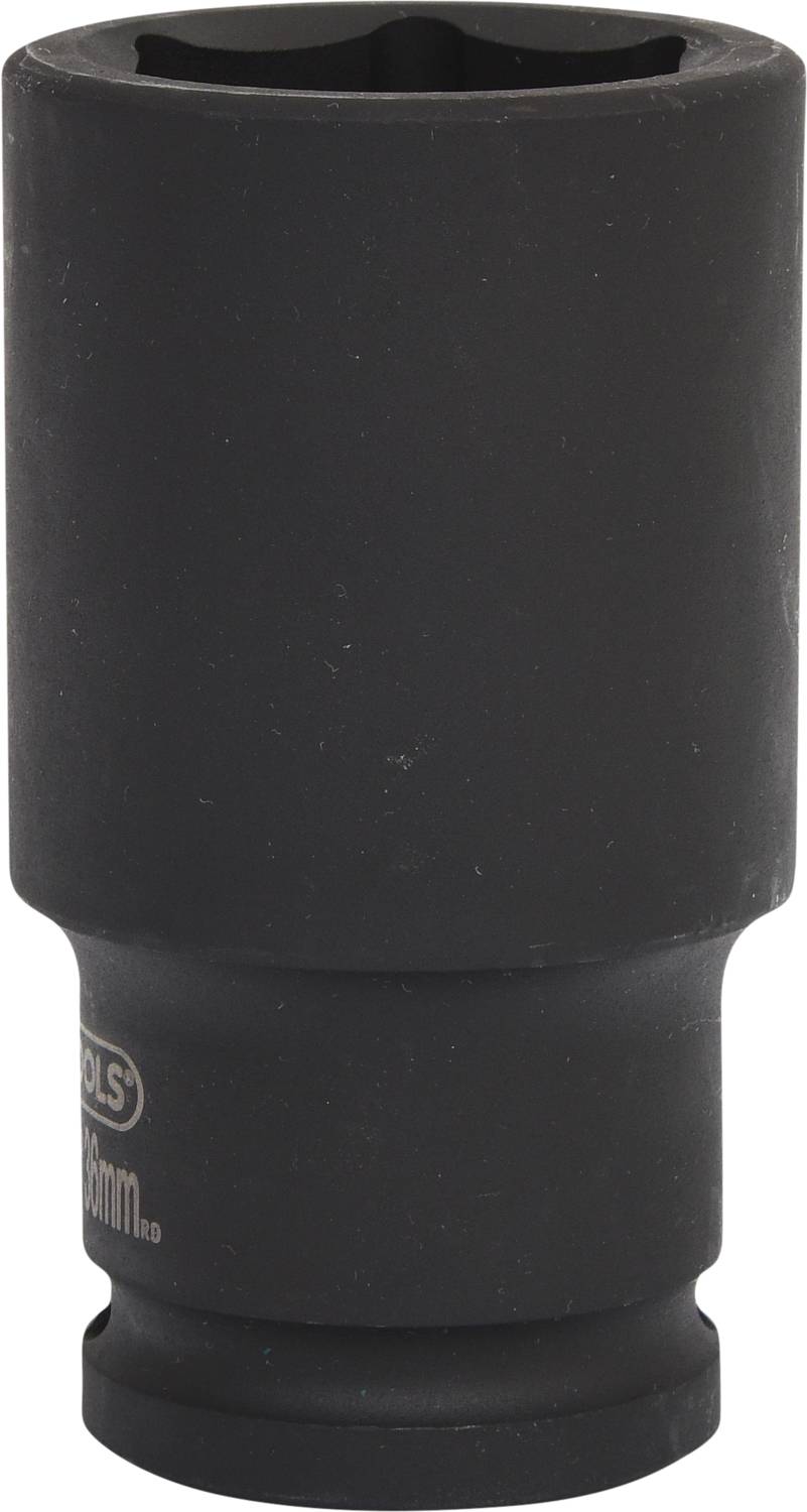 Ein schwarzer Steckschlüsselaufsatz mit einer sechseckigen Öffnung, geeignet für den Einsatz in der Fahrzeug- oder Maschinenwartung.