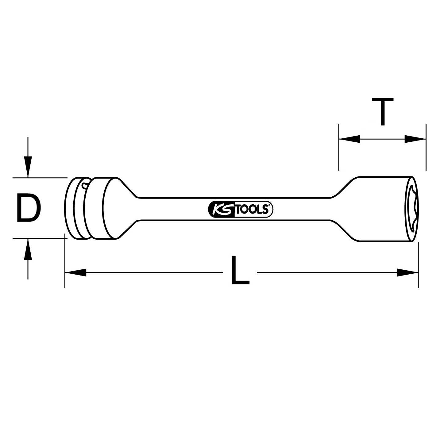 Ein Werkzeug mit doppelter Sechskantnuss, gekennzeichnet mit 'KS Tools'. Die Maße sind: Durchmesser (D), Länge (L) und Tiefe (T).