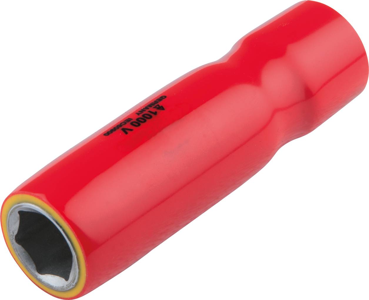 Ein roter Steckschlüssel mit der Aufschrift '1000V', zum Schutz bei Arbeiten unter Spannung konzipiert.