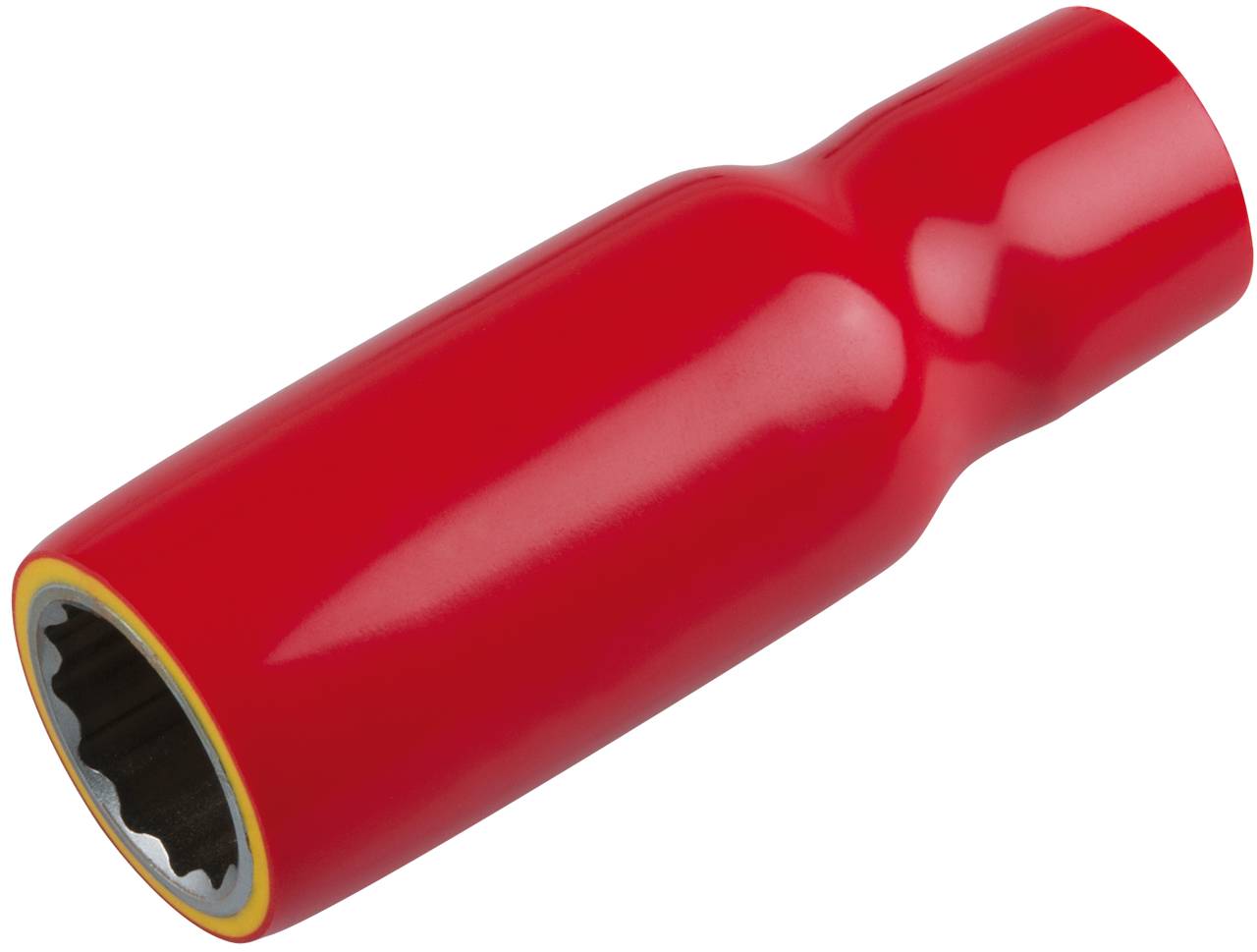 Rotes, zylinderförmiges Werkzeugteil, das an einem Ende hohl ist, möglicherweise Teil eines Steckschlüssels oder Adapters.