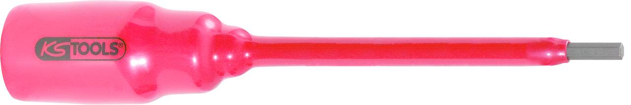 Ein roter, isolierter Schlitzschraubendreher der Marke KSTools, geeignet für elektrische Arbeiten, mit grauer Metallschraubspitze.