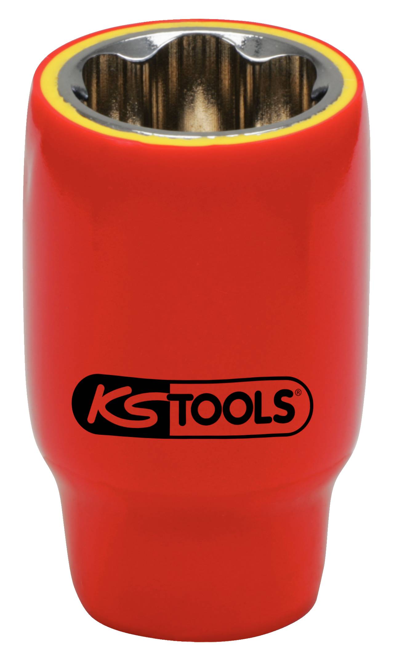 Roter Steckschlüsseleinsatz mit schwarzem 'KS TOOLS'-Logo auf der Seite, für den Einsatz im Hand- oder Maschinenbetrieb geeignet.