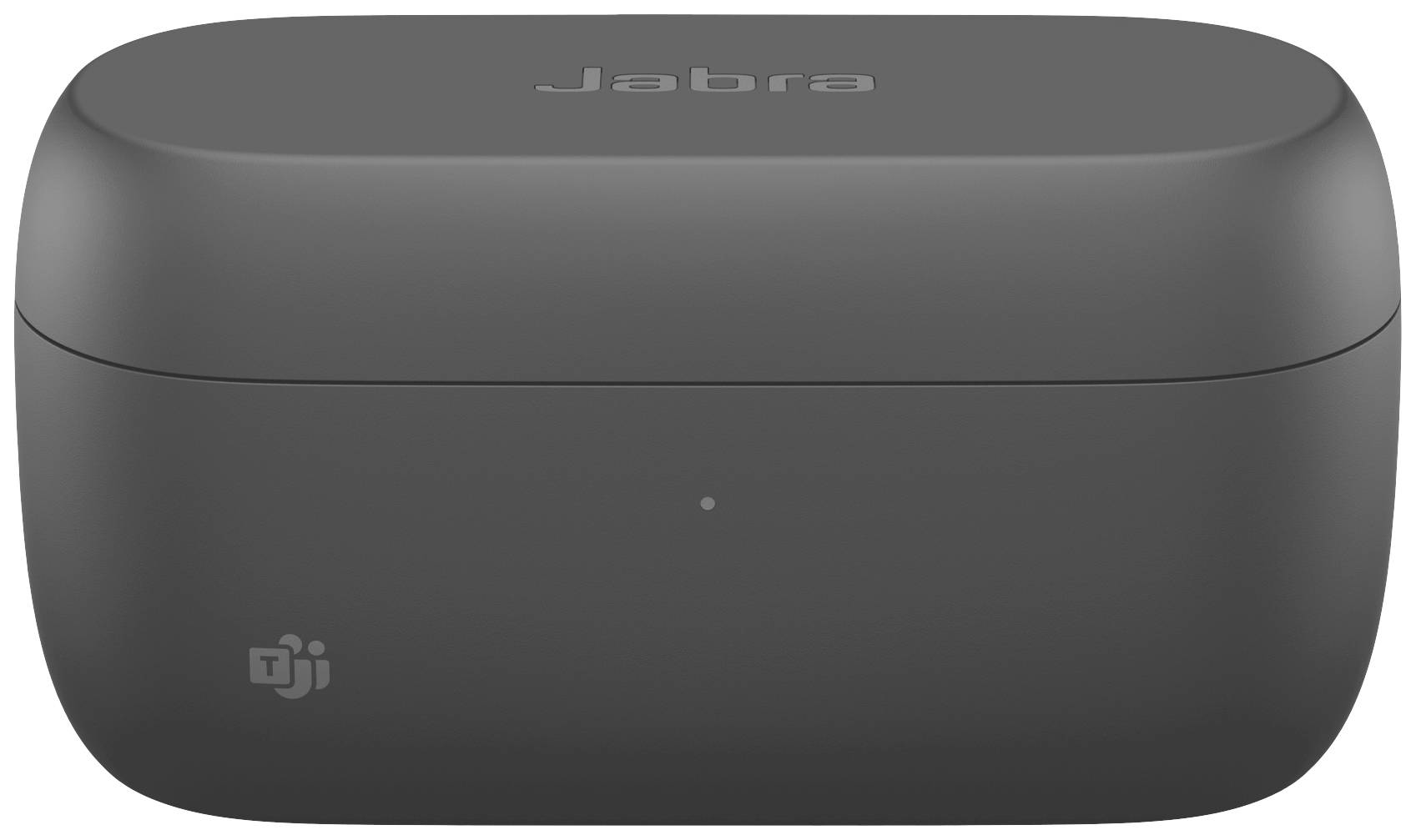 Das Bild zeigt ein geschlossenes, schwarzes Jabra-Ladeetui für kabellose Kopfhörer. Es hat eine glatte Oberfläche und ein dezentes, silbernes DJI-Logo links unten.