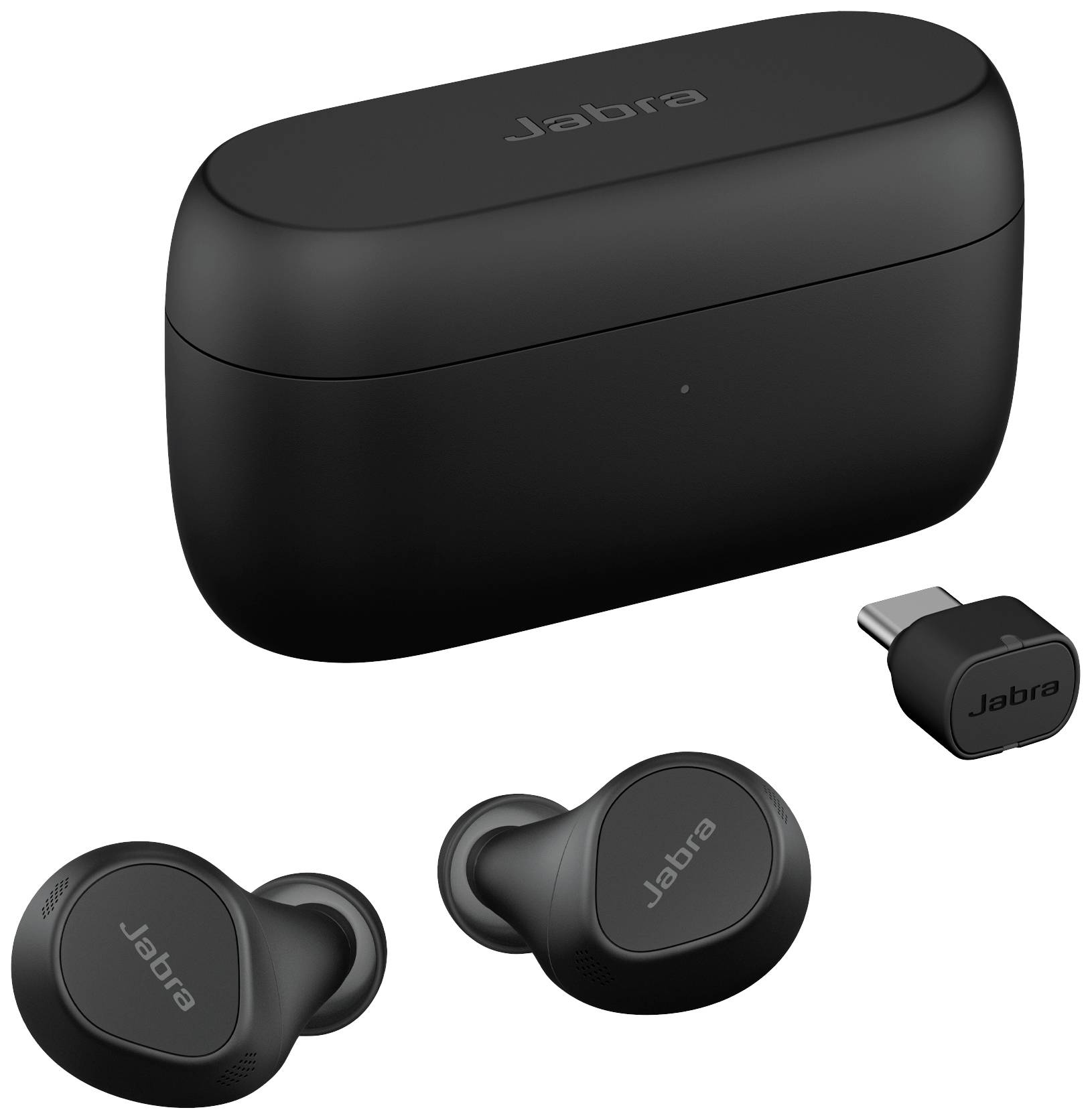Schwarze kabellose Ohrhörer mit Ladecase und USB-Adapter, Marke 'Jabra'.