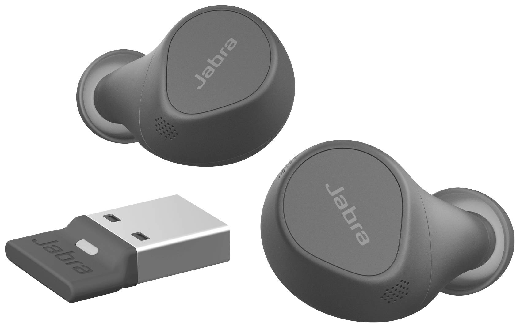 Kabellose graue Ohrhörer und ein USB-Adapter der Marke Jabra.