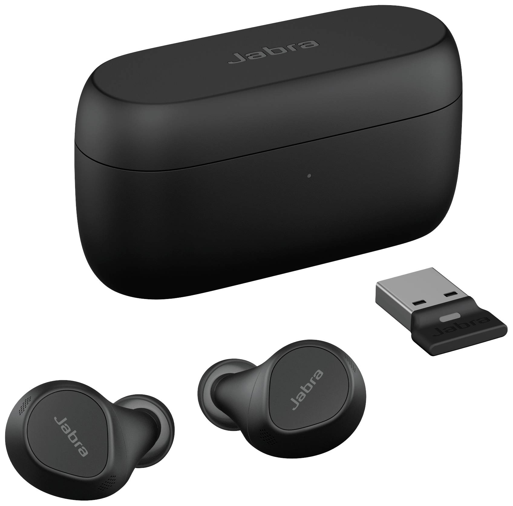Schwarze kabellose Ohrhörer und Ladehülle; USB-Dongle daneben.