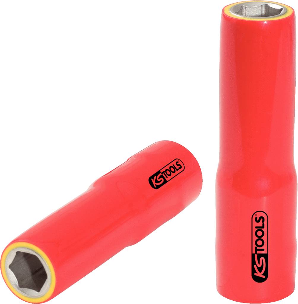 Zwei rote Steckschlüssel von KS Tools, ein aufrecht stehend, der andere liegend, für den Einsatz in der Elektrotechnik und Mechanik.