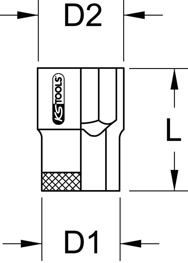Technische Zeichnung eines Stecknuss-Adapters mit Markierung 'KS TOOLS'. Maße: Durchmesser oben (D2), unten (D1), und Gesamtlänge (L).
