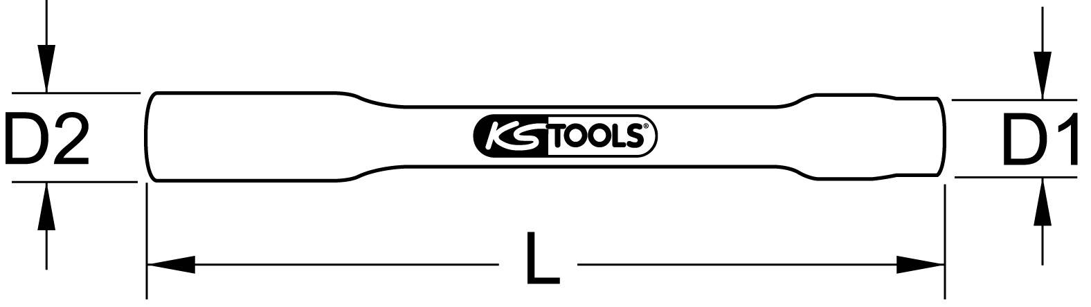 Zeichnung eines Werkzeugs mit den Markierungen D1, D2 und L. In der Mitte befindet sich das Logo 'KS TOOLS'.