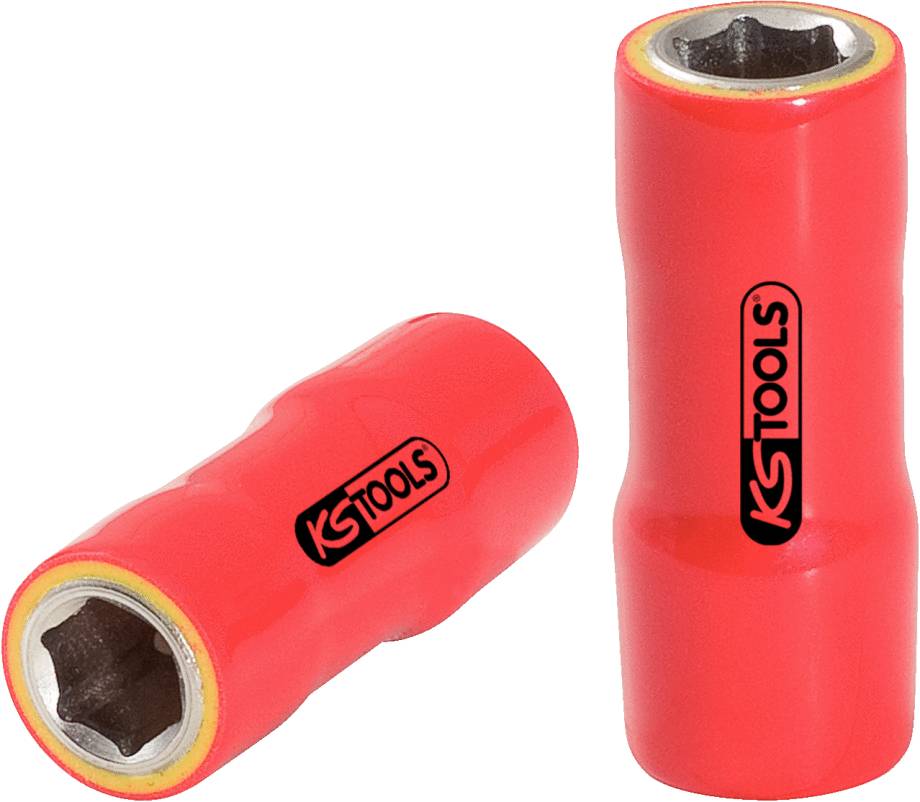 Zwei rote Sechskantnüsse von KS Tools mit schwarzem Logo, verwendet zum Drehen von Muttern und Schrauben.