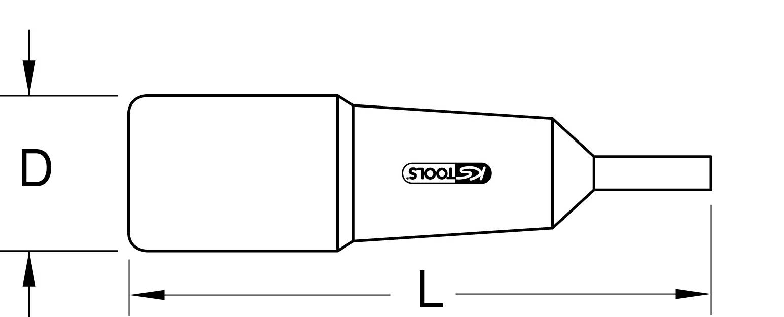 Diagramm eines Werkzeugs mit der Bezeichnung 'KS Tools'. Zeigt eine zylinderförmige und konische Struktur mit den Maßen D und L.
