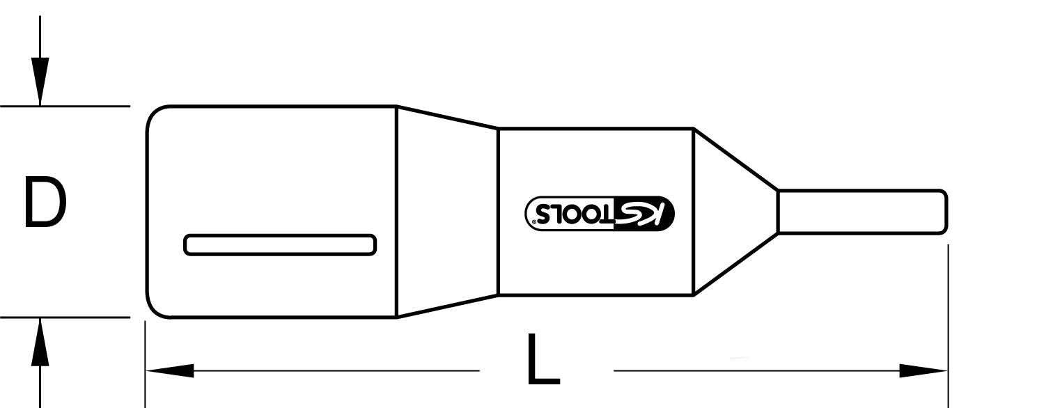'KS Tools'-Logo auf Werkzeugzeichnung. Rechteckige Form mit verlängertem Griff. Maße: D und L sind mit Pfeilen markiert.
