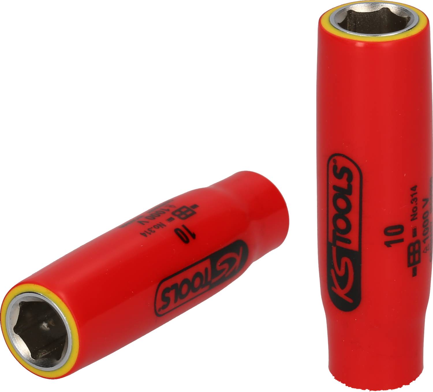 Zwei rote, isolierte Steckschlüssel mit schwarzem Aufdruck der Marke KS Tools, Größe 10 mm, für Arbeiten an elektrischen Systemen geeignet.