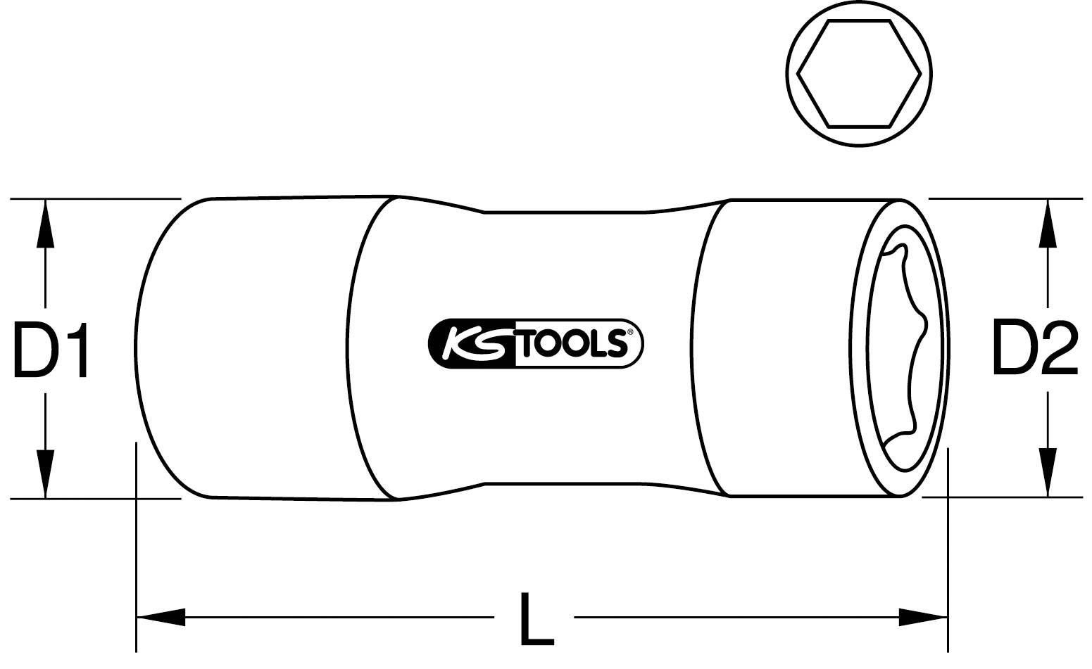 Abbildung eines Zündkerzenschlüssels von KS Tools, zeigt Maße D1, D2, und L. Oben rechts ist die Form eines Sechskants abgebildet.
