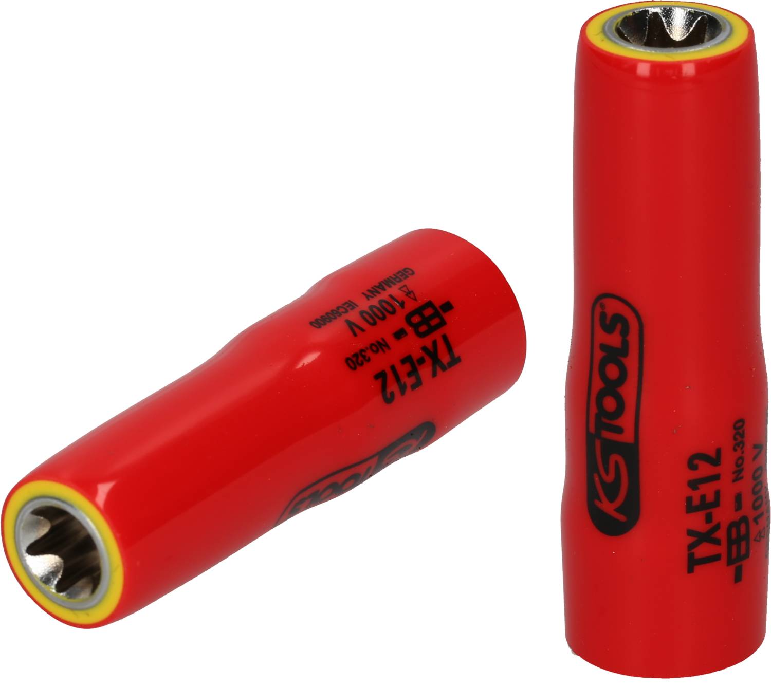 Zwei rote Steckschlüsseleinsätze, einer stehend, einer liegend, mit der Aufschrift 'TX-E12', von der Marke KS Tools.