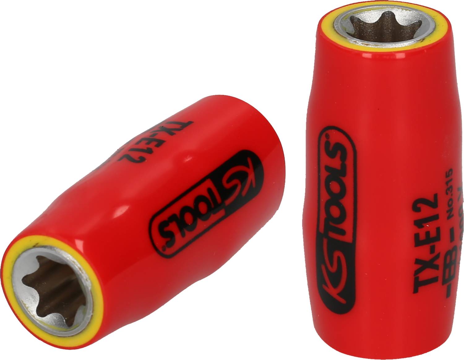 Zwei rote Stecknüsse mit gelbem Rand und Aufschrift 'KS TOOLS TX-E12'. Sie sind gedreht, um unterschiedliche Perspektiven zu zeigen.