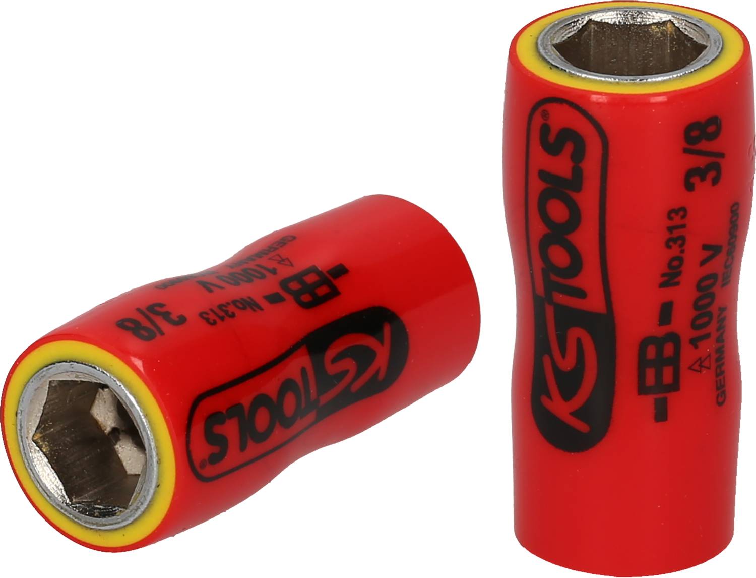 Zwei rote Sechskant-Stecknüsse mit gelbem Rand und Aufschrift, geeignet für 3/8 Zoll Schrauben.