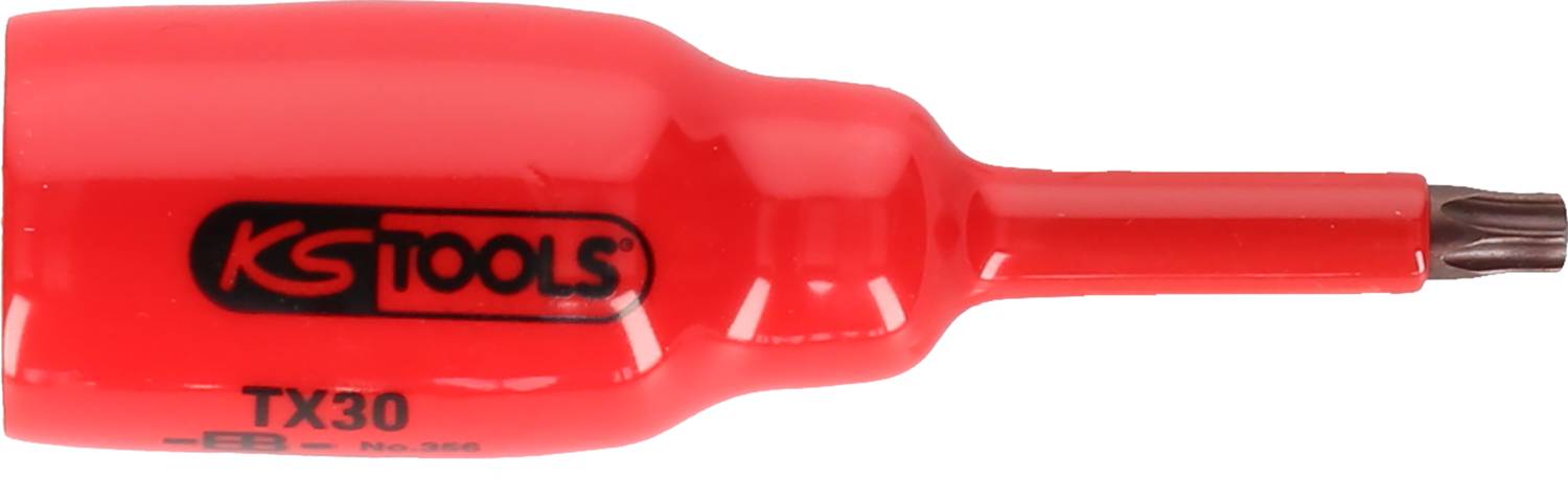 Schraubendreher mit rotem Griff und der Aufschrift 'KS TOOLS TX30', geeignet für Torx-Schrauben.