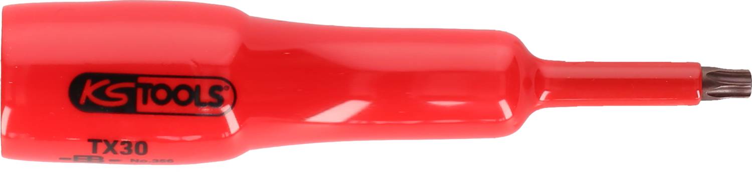 Ein roter Schraubendreher von KS Tools mit der Aufschrift 'TX30'. Geeignet für Arbeiten, die TX30-Torx-Schrauben erfordern.