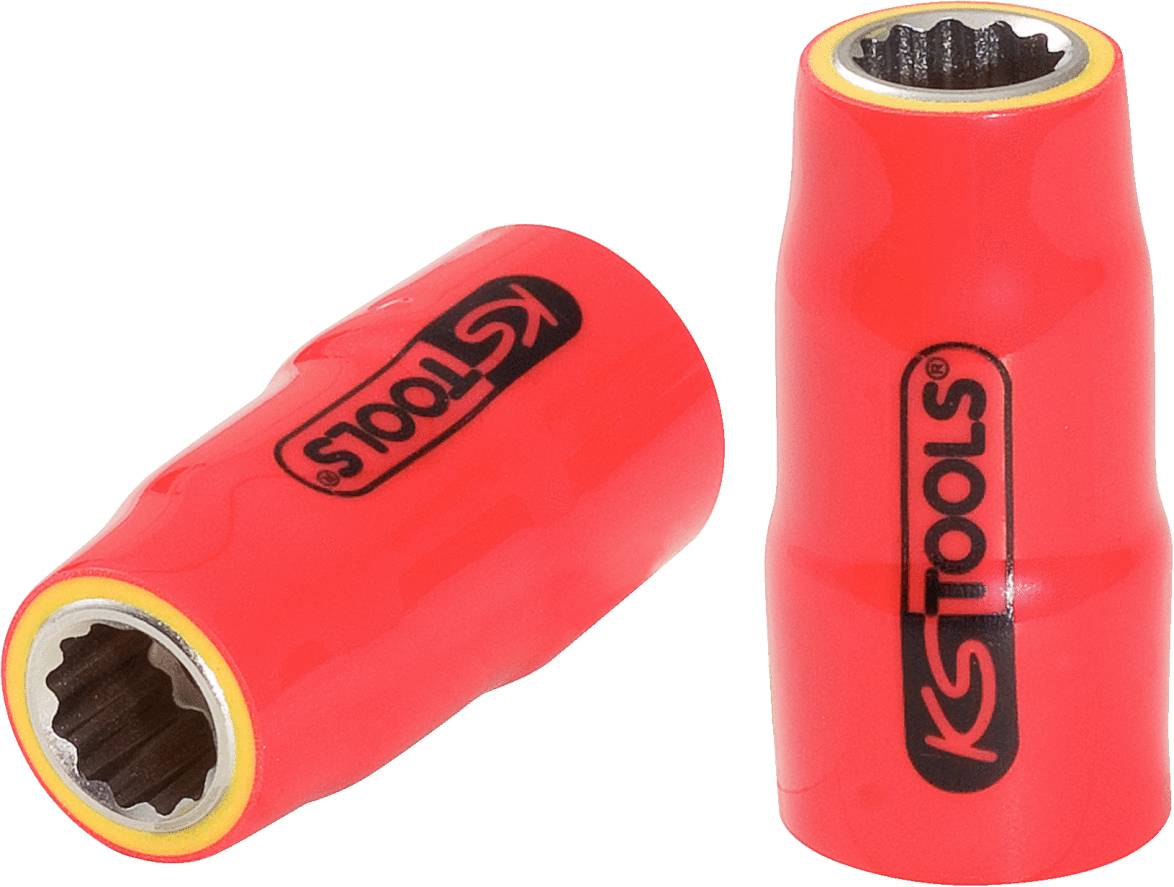 Zwei rote Schraubnussadapter mit schwarzem KS Tools-Logo, liegen nebeneinander. Der linke Adapter liegt auf der Seite, der rechte steht aufrecht.