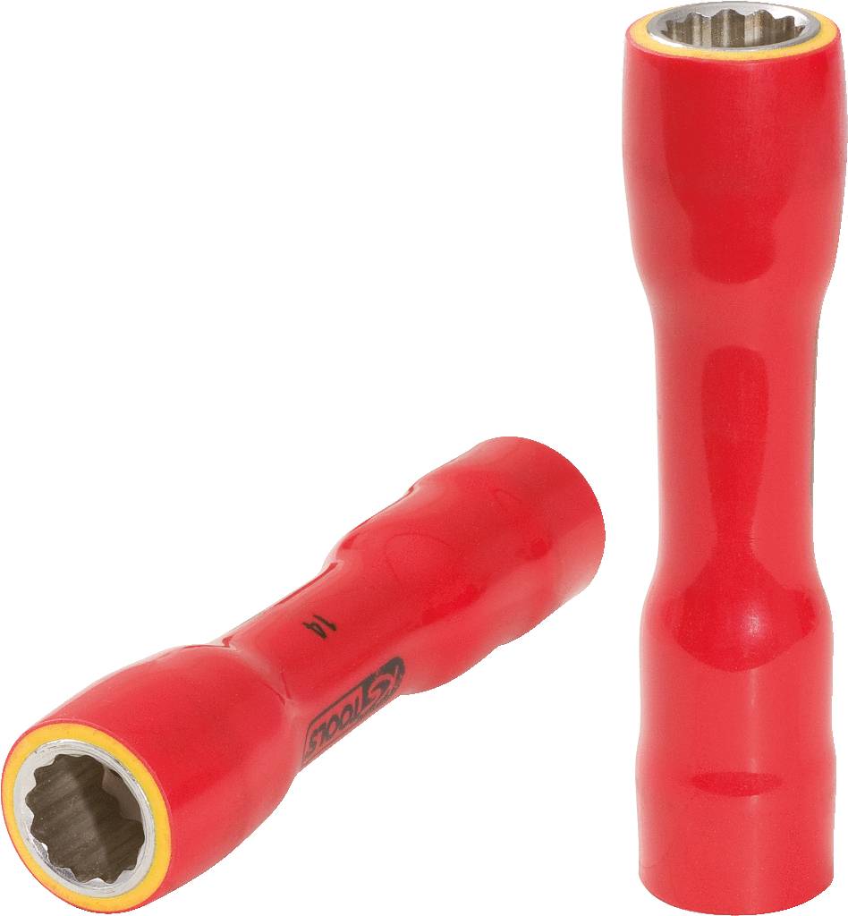 Zwei rote, isolierte 10mm Werkzeugaufsätze. Einer liegt horizontal, der andere steht vertikal. Ideal zum Schutz vor Elektrizität.