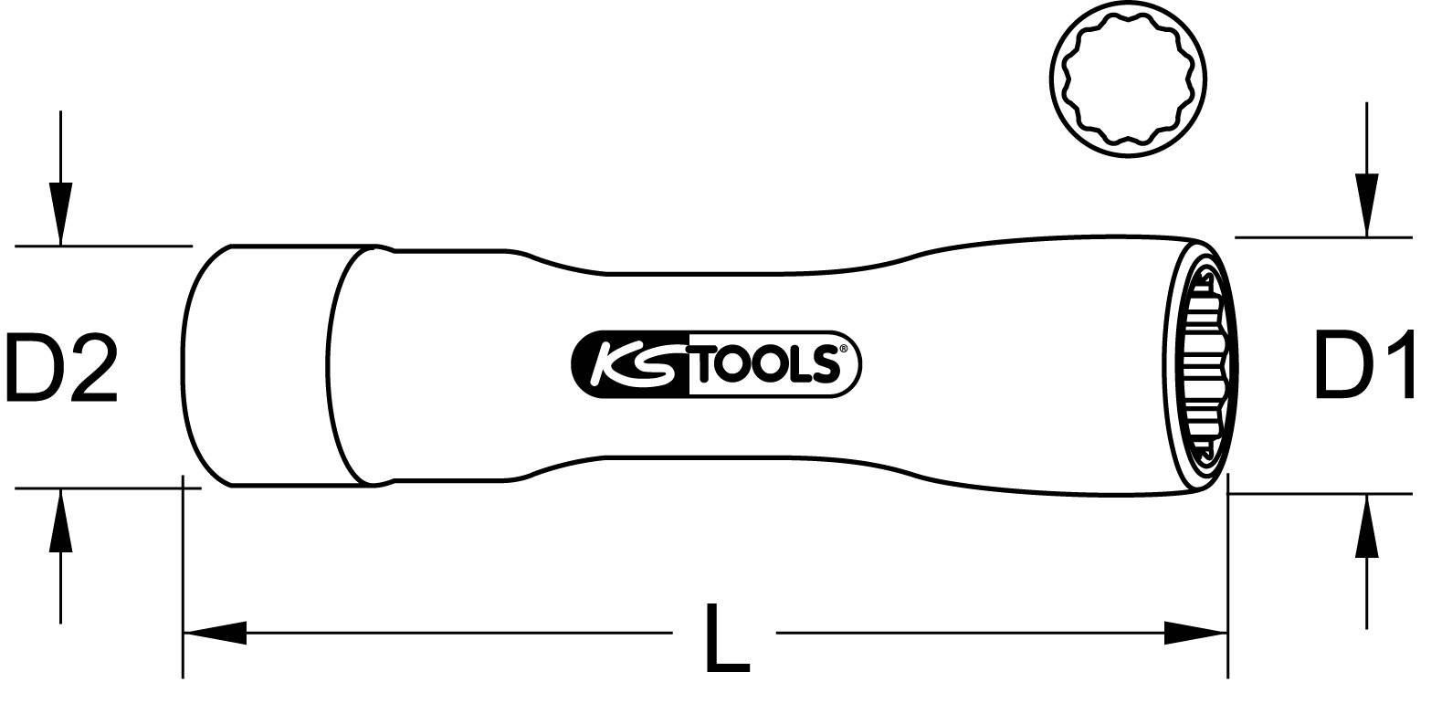 Ausschnitt einer technischen Zeichnung eines Steckschlüssels von KS-Tools, mit Maßangaben für D1, D2 und L.