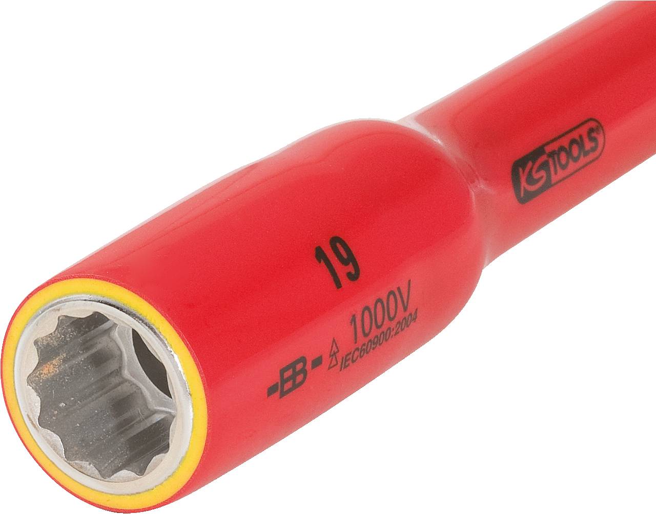 Ein roter, isolierter Steckschlüssel mit der Aufschrift '1000V', geeignet für Arbeiten an elektrischen Anlagen bis 1000 Volt.