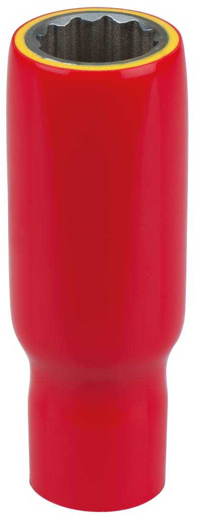 Ein roter Steckschlüsseleinsatz mit gelbem Rand, zum Schutz von Felgen bei der Montage von Rädern, hohle zylindrische Form.