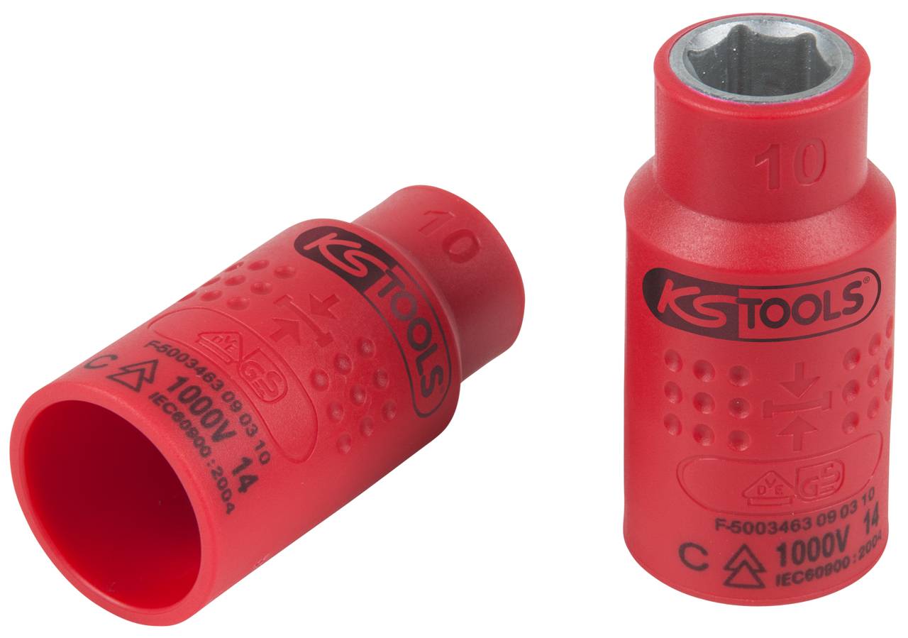 Zwei rote isolierte KS Tools Steckschlüsseleinsätze: 10 mm und 14 mm, geeignet für Arbeiten an spannungsführenden Teilen bis 1000V.