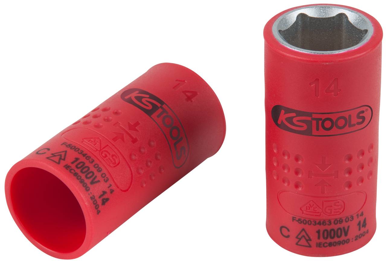 Zwei rote, isolierte Steckschlüsseleinsätze mit der Aufschrift 'KS Tools' und '1000V', geeignet für Hochspannungsarbeiten.