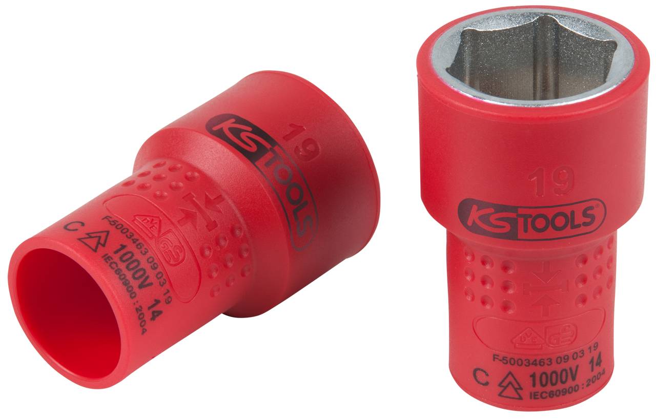 Zwei rote, isolierte Steckschlüssel von KS Tools, Spannweite 19 mm, geeignet für Arbeiten bis 1000V.