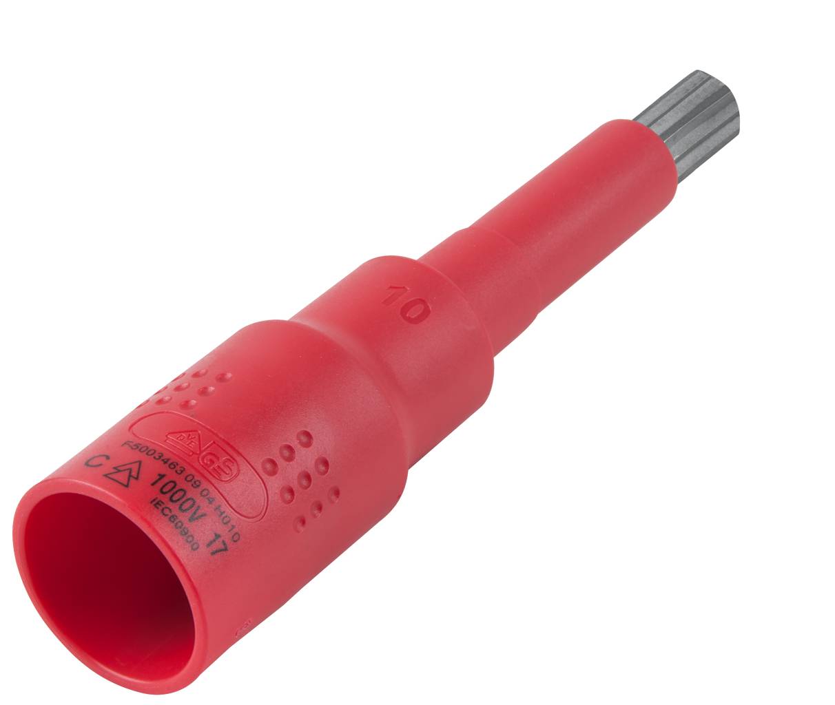Roter, isolierter Schraubendreheraufsatz mit Metallspitze. Aufschrift '1000V', geeignet für elektrische Arbeiten.