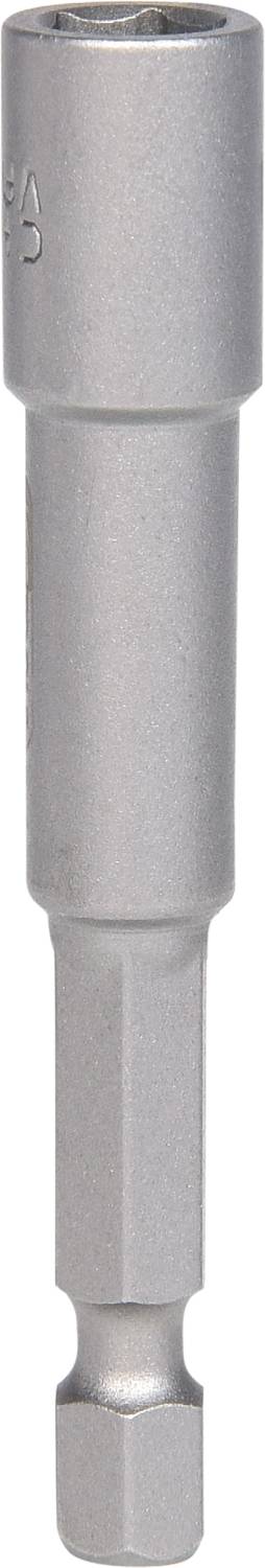 Ein silberfarbiger Steckschlüsselaufsatz mit sechseckiger Form und Adapter für Bohrmaschinen oder Schrauber, geeignet für Muttern und Schrauben.