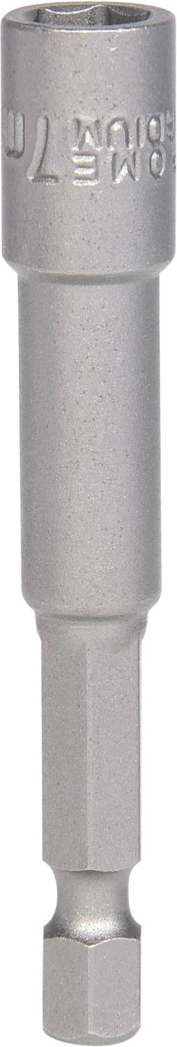 Ein silberner Steckschlüssel-Aufsatz mit 7mm-Öffnung, kompatibel mit einem Akkuschrauber, für Heimwerkerarbeiten.