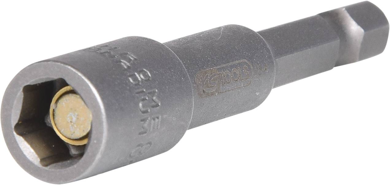 Ein graues magnetisches Stecknuss-Bit mit Sechskantansatz, zum Befestigen von Schrauben, auf hellem Hintergrund.