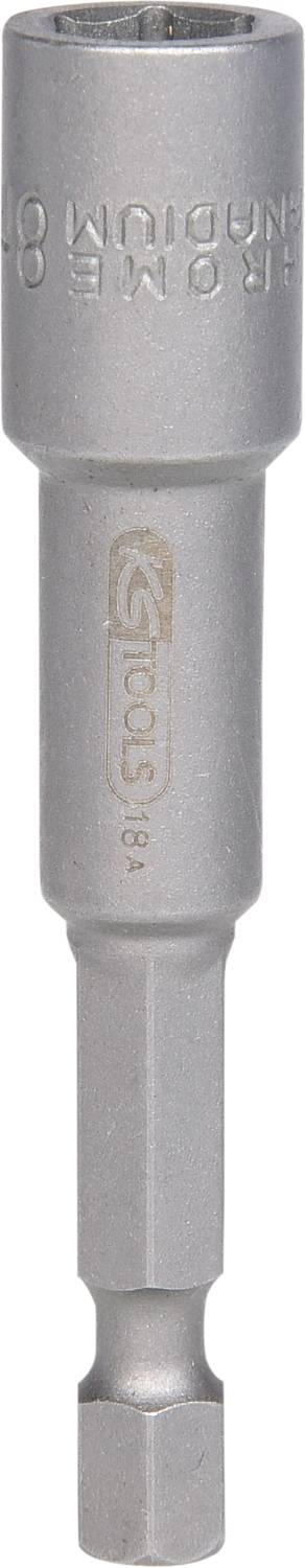 Metallischer Magnet-Schraubendreher-Aufsatz mit sechseckigem Schaft und einer zylindrischen Fassung, silberne Oberfläche.