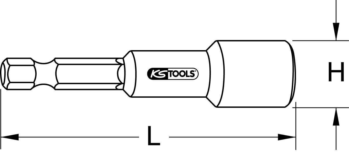 Illustration eines magnetischen Stecknussadapters mit den Abmessungen Länge (L) und Höhe (H), gekennzeichnet mit dem Logo 'KS Tools'.