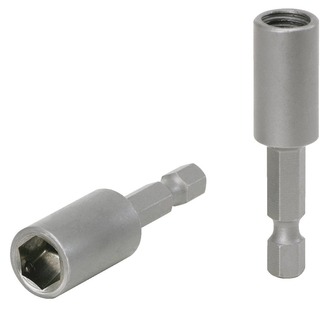 Zwei magnetische Stecknüsse aus Metall mit sechseckigem Schaft für Schraubarbeiten, eine liegt waagerecht, die andere steht aufrecht.