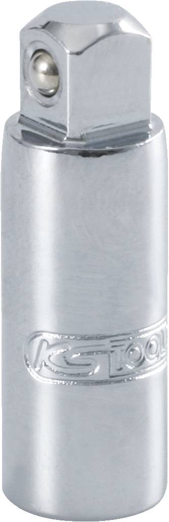 Ein verchromter Steckschlüsseleinsatzadapter mit quadratischer Aufnahme und Kugelverriegelung, geeignet für Werkzeugverbindungen.