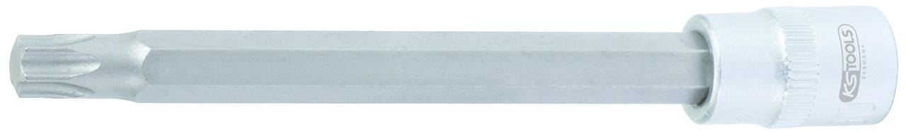 Ein silberner Torx-Bitaufsatz für Schraubenschlüssel, lang und mit sechskantiger Basis, geeignet für mechanische Arbeiten.
