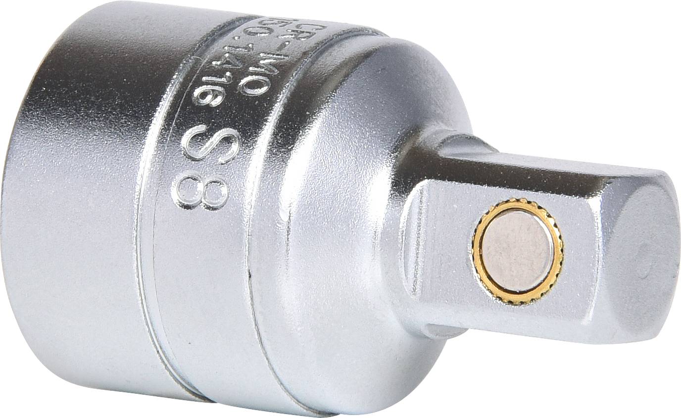 Metallener Adapter für Stecknüsse mit quadratischem Anschluss und rundem Körper, geeignet zum Verbinden verschiedener Werkzeuggrößen.