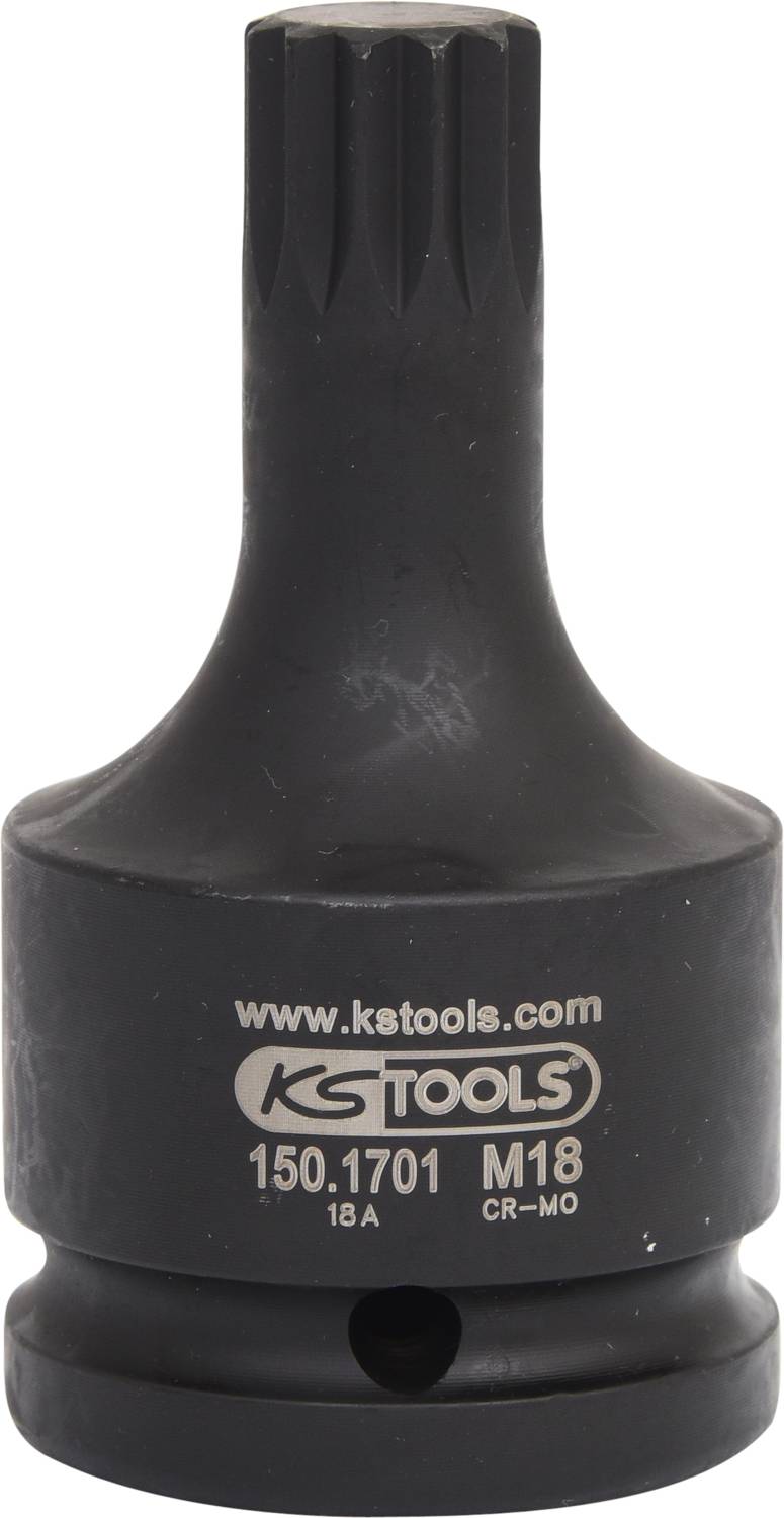 Ein schwarzer Steckschlüsselaufsatz aus Metall, auf dem 'KS TOOLS', '150.1701', 'M18' und 'CR-MO' auf der Vorderseite steht.